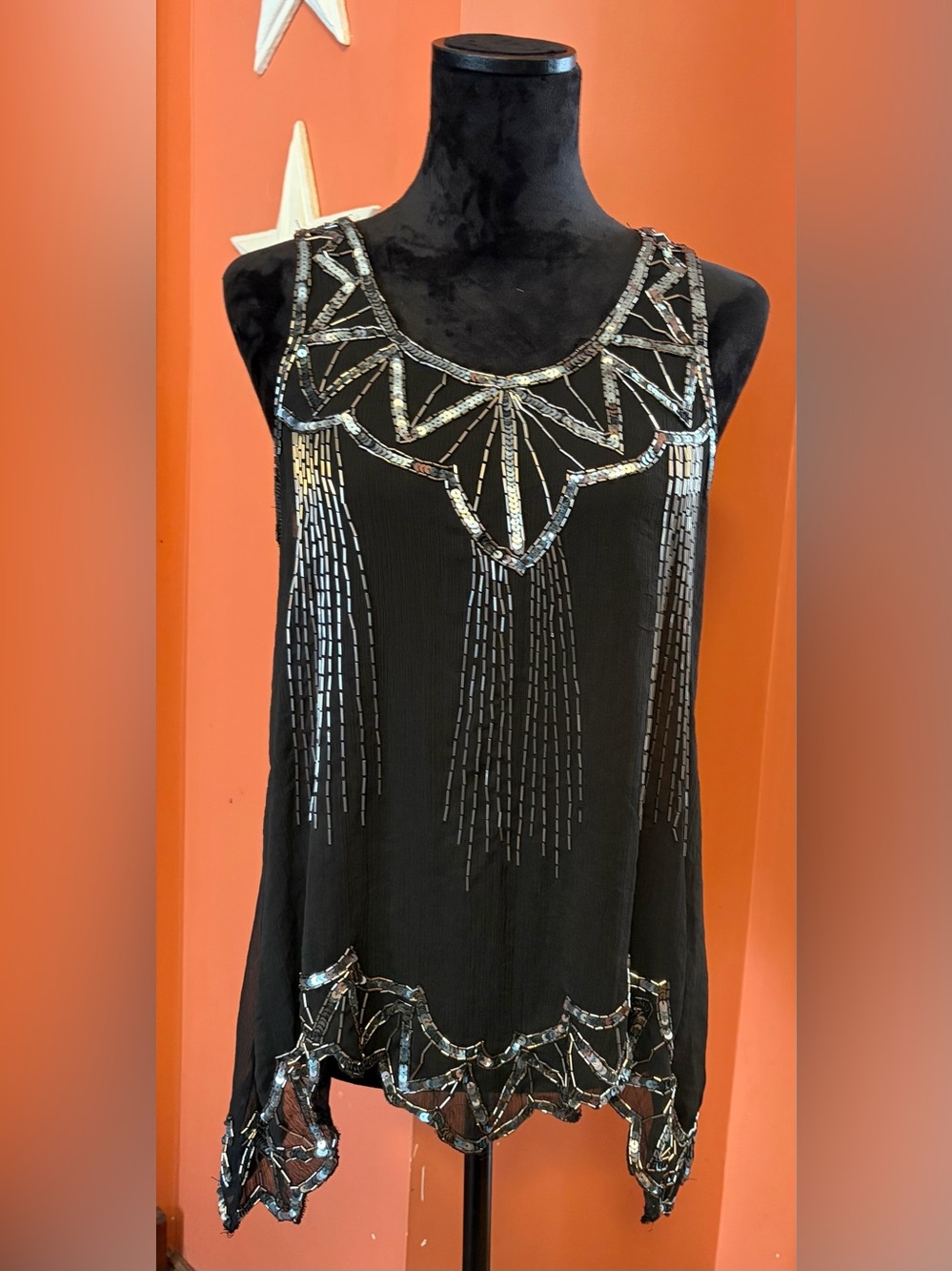 Vintage Charming Charlie beaded/sequin mesh tank